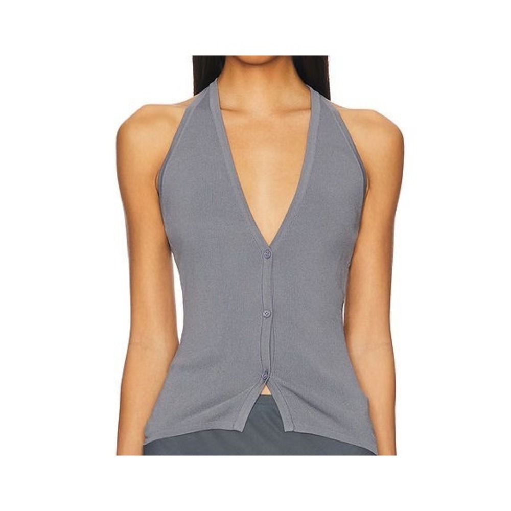 Lioness Women's Deep V-Neck Brat Ribbed Halter Top - Slate - Large